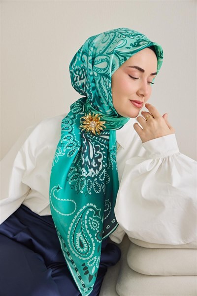 Twill İpek Eşarp Klasik Motif Turkuaz 90x90