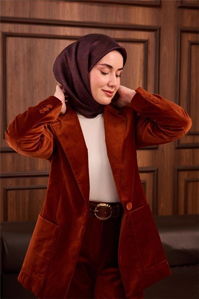 Twill İpek Eşarp Koyu Bordo-Tarçın Çiçek Desenli Tok Duruşlu Kaymaz 90x90