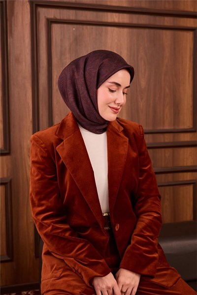 Twill İpek Eşarp Koyu Bordo-Tarçın Çiçek Desenli Tok Duruşlu Kaymaz 90x90