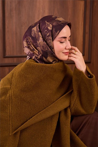Twill İpek Eşarp Koyu Bordo-Vizon Çiçek Desenli Tok Formlu Kaymaz 90x90