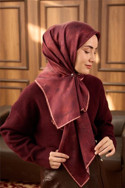 Twill İpek Eşarp Koyu Kırmızı–Somon Desenli Tok Duruşlu 90x90