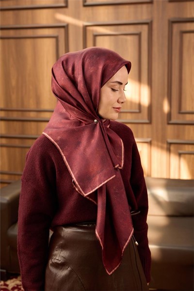 Twill İpek Eşarp Koyu Kırmızı–Somon Desenli Tok Duruşlu 90x90