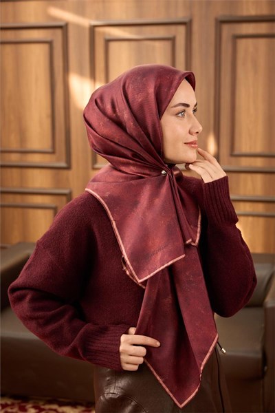 Twill İpek Eşarp Koyu Kırmızı–Somon Desenli Tok Duruşlu 90x90
