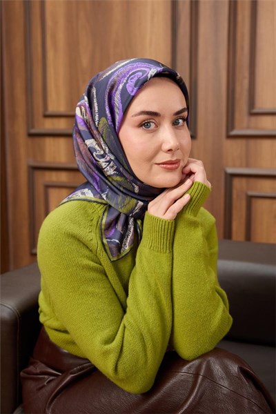 Twill İpek Eşarp Koyu Lacivert-Funda Desenli Tok Duruşlu 90x90