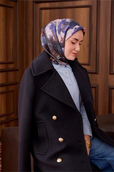 Twill İpek Eşarp Koyu Lacivert-Mor Desenli Tok Duruşlu 90x90