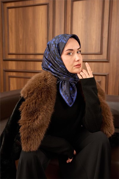 Twill İpek Eşarp Koyu Lacivert-Saks Desenli Tok Duruşlu 90x90