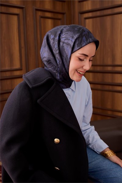 Twill İpek Eşarp Koyu Lacivert-Siyah Desenli Tok Duruşlu 90x90
