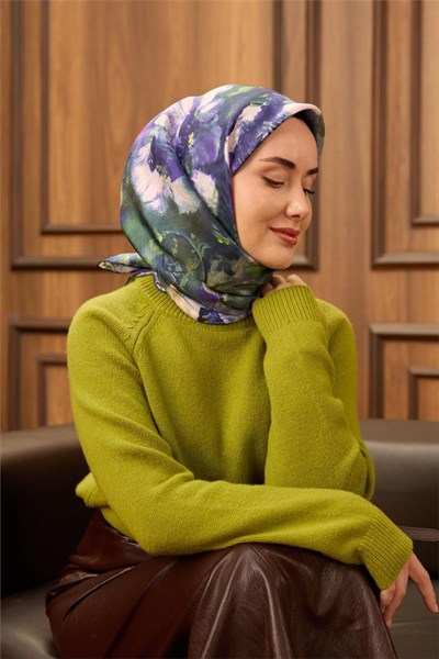 Twill İpek Eşarp Koyu Lacivert-Yeşil Mor Desenli Tok Duruşlu 90x90