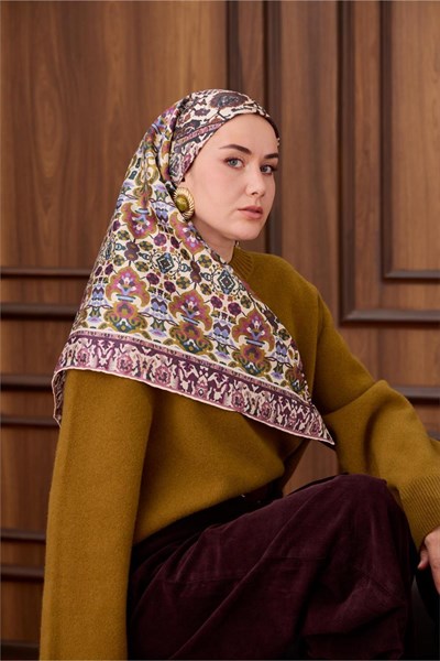 Twill İpek Eşarp Koyu Mor-Bebe Mavi Desenli Tok Duruşlu 90x90