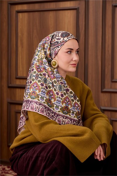 Twill İpek Eşarp Koyu Mor-Bebe Mavi Desenli Tok Duruşlu 90x90