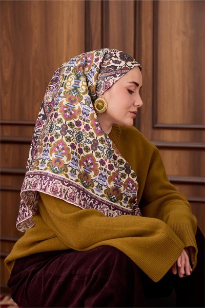 Twill İpek Eşarp Koyu Mor-Bebe Mavi Desenli Tok Duruşlu 90x90
