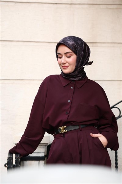 Twill İpek Eşarp Koyu Mor Çiçek Desenli Tok Duruşlu 90x90