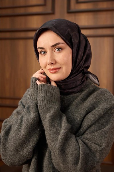 Twill İpek Eşarp Koyu Mor Desenli Tok Duruşlu 90x90