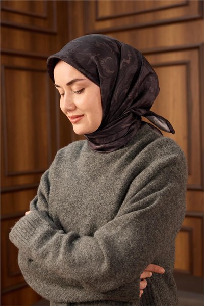Twill İpek Eşarp Koyu Mor Desenli Tok Duruşlu 90x90