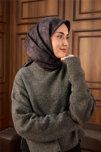 Twill İpek Eşarp Koyu Mor Desenli Tok Duruşlu 90x90