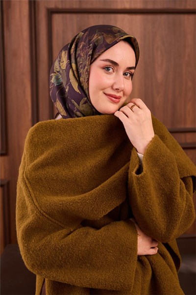 Twill İpek Eşarp Koyu Mor-Yeşil Çiçek Desenli Tok Duruşlu Kaymaz 90x90