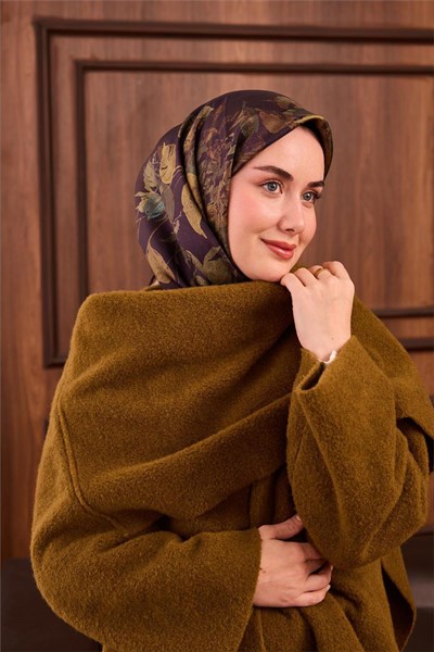 Twill İpek Eşarp Koyu Mor-Yeşil Çiçek Desenli Tok Duruşlu Kaymaz 90x90