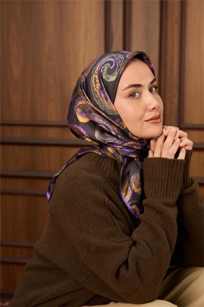 Twill İpek Eşarp Koyu Mor-Yeşil Desenli Tok Duruşlu 90x90
