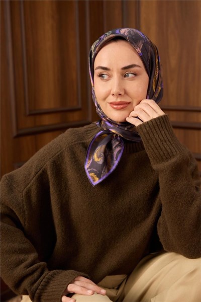Twill İpek Eşarp Koyu Mor-Yeşil Desenli Tok Duruşlu 90x90