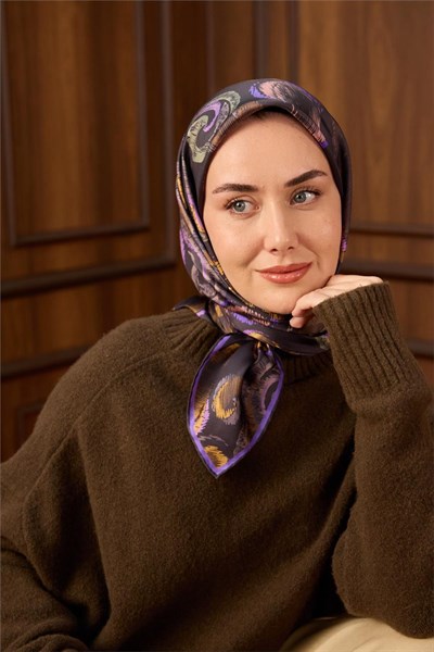 Twill İpek Eşarp Koyu Mor-Yeşil Desenli Tok Duruşlu 90x90