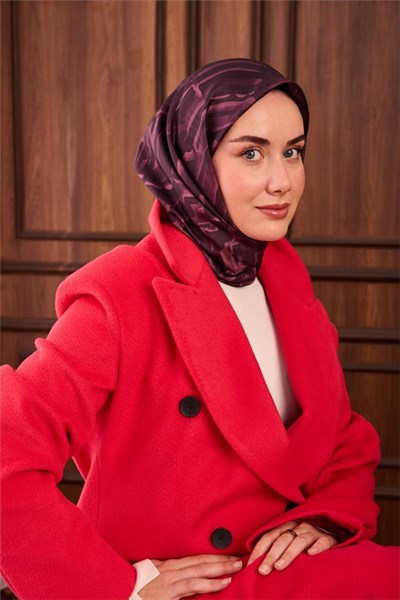 Twill İpek Eşarp Koyu Mor–Leylak–Eflatun Desenli Tok Duruşlu 90x90