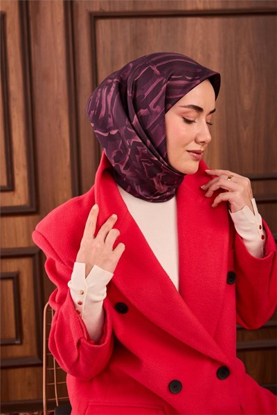 Twill İpek Eşarp Koyu Mor–Leylak–Eflatun Desenli Tok Duruşlu 90x90