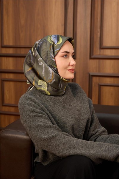 Twill İpek Eşarp Koyu Yeşil-Asit Desenli Tok Duruşlu 90x90