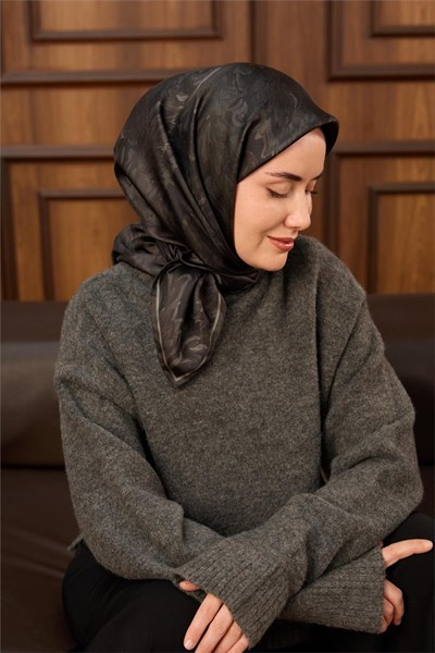 Twill İpek Eşarp Koyu Yeşil-Gri Desenli Tok Duruşlu 90x90