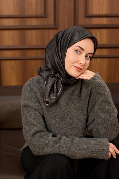 Twill İpek Eşarp Koyu Yeşil-Gri Desenli Tok Duruşlu 90x90