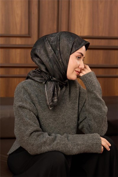 Twill İpek Eşarp Koyu Yeşil-Gri Desenli Tok Duruşlu 90x90