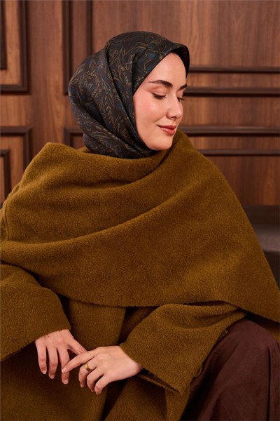 Twill İpek Eşarp Koyu Yeşil-Olive Çiçek Desenli Tok Duruşlu Kaymaz 90x90