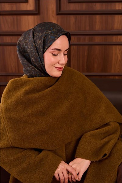 Twill İpek Eşarp Koyu Yeşil-Olive Çiçek Desenli Tok Duruşlu Kaymaz 90x90