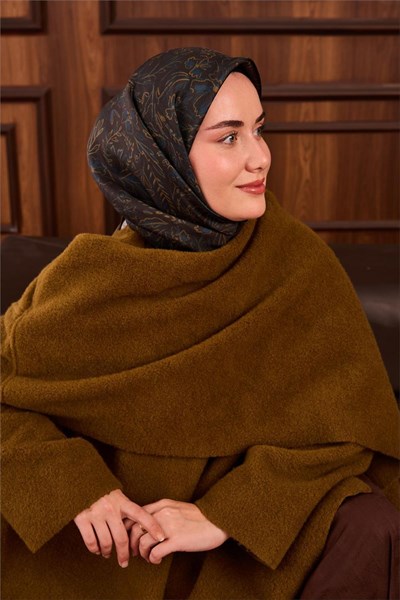 Twill İpek Eşarp Koyu Yeşil-Olive Çiçek Desenli Tok Duruşlu Kaymaz 90x90