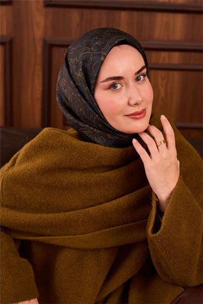 Twill İpek Eşarp Koyu Yeşil-Olive Çiçek Desenli Tok Duruşlu Kaymaz 90x90