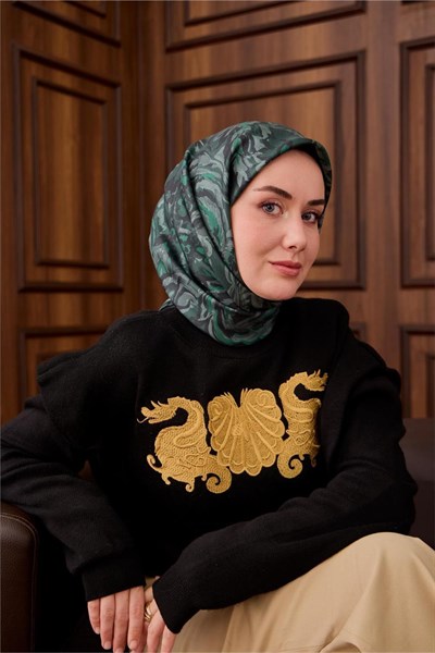 Twill İpek Eşarp Koyu Yeşil-Su Yeşili Desenli Tok Duruşlu 90x90