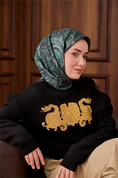Twill İpek Eşarp Koyu Yeşil-Su Yeşili Desenli Tok Duruşlu 90x90