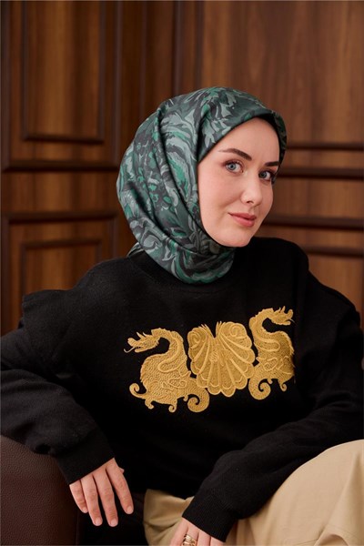 Twill İpek Eşarp Koyu Yeşil-Su Yeşili Desenli Tok Duruşlu 90x90