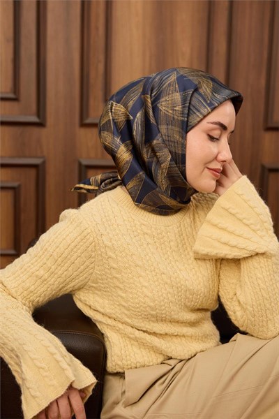 Twill İpek Eşarp Lacivert-Açık Gold Gold Geçişli Kaymaz Tok Duruşlu 90x90