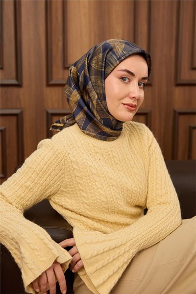 Twill İpek Eşarp Lacivert-Açık Gold Gold Geçişli Kaymaz Tok Duruşlu 90x90