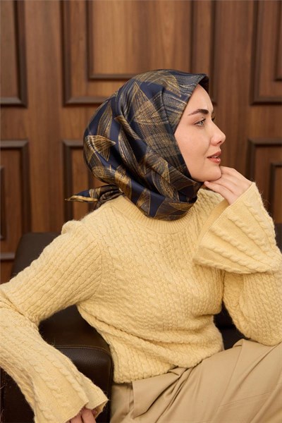 Twill İpek Eşarp Lacivert-Açık Gold Gold Geçişli Kaymaz Tok Duruşlu 90x90