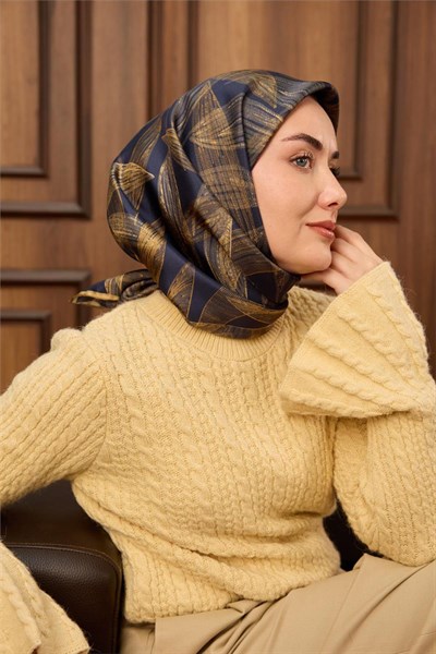 Twill İpek Eşarp Lacivert-Açık Gold Gold Geçişli Kaymaz Tok Duruşlu 90x90