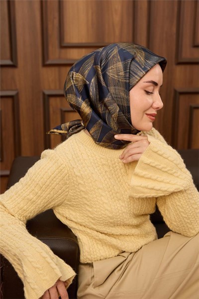 Twill İpek Eşarp Lacivert-Açık Gold Gold Geçişli Kaymaz Tok Duruşlu 90x90