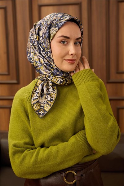 Twill İpek Eşarp Lacivert-Ekru Desenli Tok Duruşlu 90x90