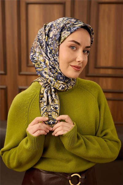 Twill İpek Eşarp Lacivert-Ekru Desenli Tok Duruşlu 90x90