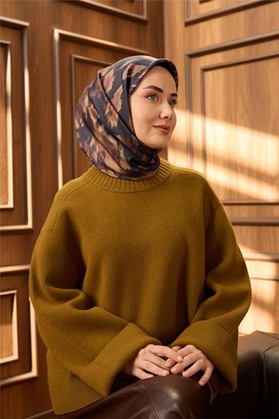Twill İpek Eşarp Lacivert-Vizon Desenli Tok Duruşlu 90x90