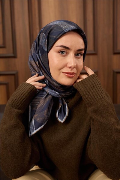 Twill İpek Eşarp Lacivert-Yeşil Kahve Bebe Mavi Geçişli Kaymaz Tok Duruşlu 90x90