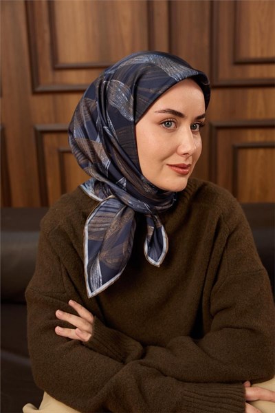 Twill İpek Eşarp Lacivert-Yeşil Kahve Bebe Mavi Geçişli Kaymaz Tok Duruşlu 90x90