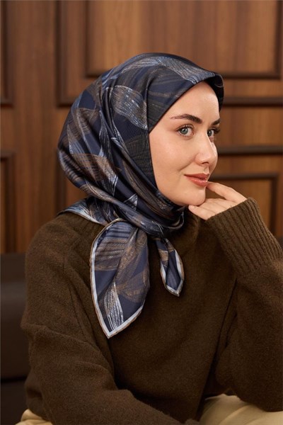 Twill İpek Eşarp Lacivert-Yeşil Kahve Bebe Mavi Geçişli Kaymaz Tok Duruşlu 90x90