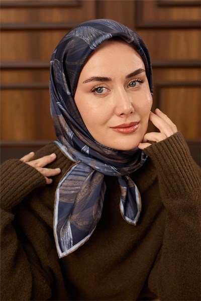 Twill İpek Eşarp Lacivert-Yeşil Kahve Bebe Mavi Geçişli Kaymaz Tok Duruşlu 90x90