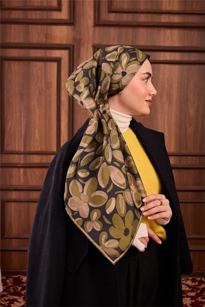Twill İpek Eşarp Lacivert Yeşil Vizon Papatya Desenli Tok Duruşlu 90x90